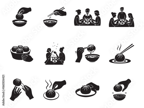 a collection of black and white icons, depicting various stages of dumpling preparation and consumption.