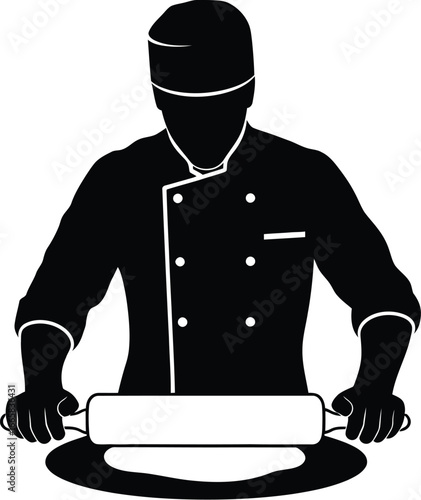 Silhouette of a chef rolling dough, representing cooking, baking, and culinary arts with simple design