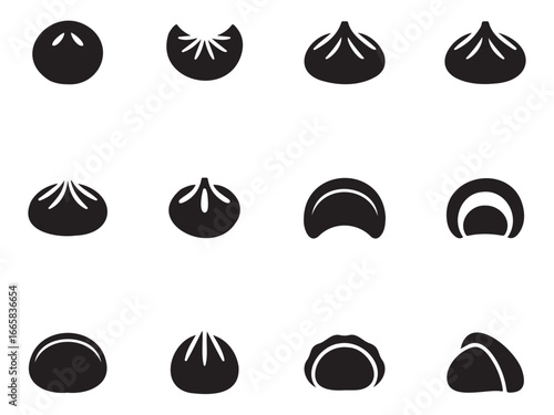 A set of 12 simple, black and white icons representing different shapes and forms of food, likely dumplings or similar Asian cuisine.