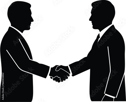Silhouette of two businessmen shaking hands, symbolizing an agreement or partnership