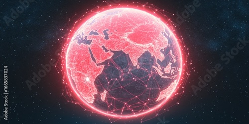 Digital earth globe with futuristic network connectivity. Global communication sphere. Cyberspace technology map, neon illumination, modern web visualization, science data, tech innovation,