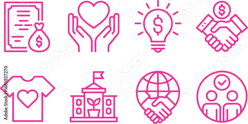 Charity Icon Set Pink Outline on White Document, Heart Hands, Lightbulb, Handshake
