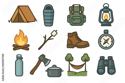 Camping essentials: tent, backpack, sleeping bag, campfire icons in vector style