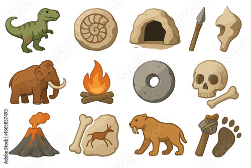 Prehistoric icons featuring dinosaurs, mammoths, saber-tooth, and stone age tools