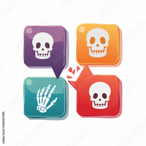 Halloween social media icons set skulls, bones, and spooky interactions for online engagement with a festive design