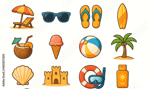 Colorful cartoon summer icons collection featuring beach elements and accessories