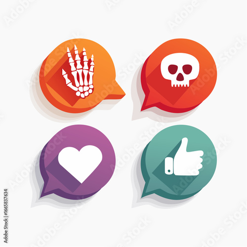 Creative social media icons featuring a skeleton hand, skull, heart, and thumbs up gesture in a flat design style with long shadows