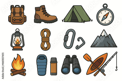 Camping gear icons: backpack, boots, tent, compass, mountain, fire, sleeping bag, kayak