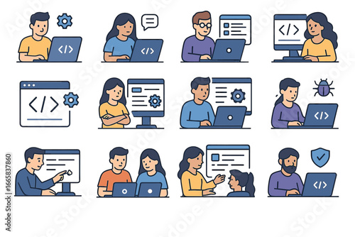 Diverse group of young adults engaged in coding and software development activities