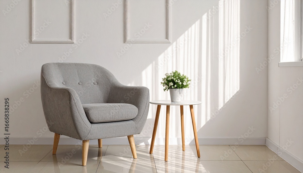 Fototapeta premium Minimalist living room interior with a gray armchair, side table, and blank frame mockup for wall art
