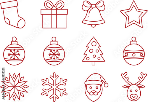 Christmas Holiday Outline Icons - Festive Season Elements Set