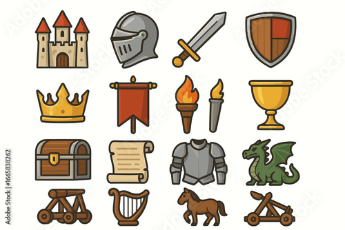 Medieval icons: castle, armor, sword, dragon, and more