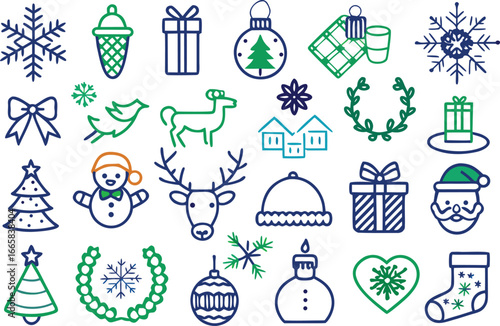 Christmas Holiday Outline Icons - Festive Season Elements Set