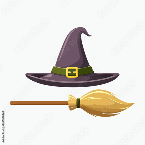A simple vector illustration of a pointy witch's hat with a buckle and a rustic broomstick, iconic symbols of Halloween and magic
