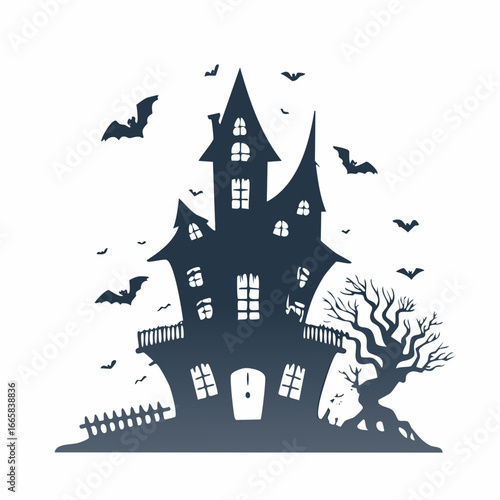A sinister, crooked haunted house vector silhouette, featuring broken windows and a dilapidated spooky tree, surrounded by flying bats, perfect for Halloween designs