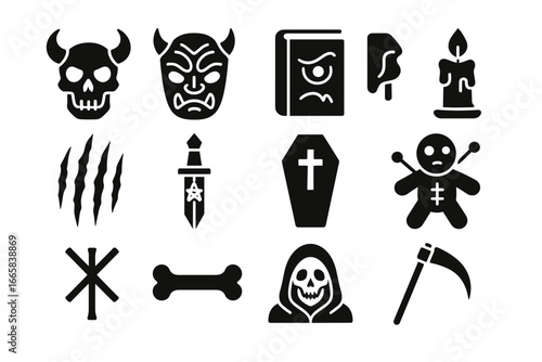 Halloween icons: skulls, grim reaper, voodoo doll, mask, candle, claw marks