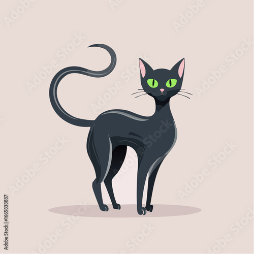 A minimalist vector of a black cat with an arched back and tail high in the air. The cat has bright green eyes