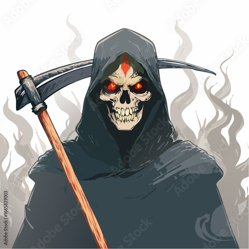 Grim Reaper Dark Hooded Silhouette with Scythe - Menacing Vector Illustration
