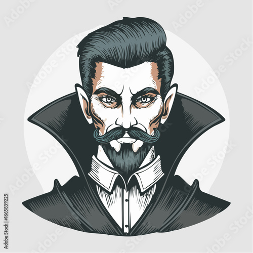 A sophisticated, Art Deco style vector portrait of a vampire count with slicked-back black hair and a sharp suit