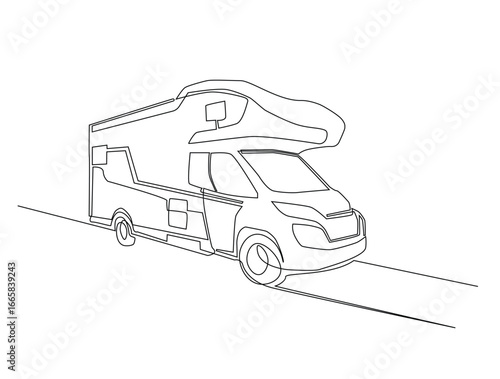Continuous line art drawing of motor caravan vehicle. Camper van in single line art drawing vector illustration. Editable stroke.