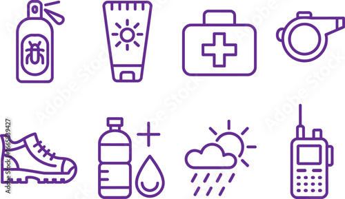 Isolated hiking icon set of safety measures, equipments, and weather with lines