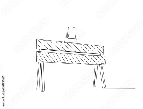Continuous line art drawing of emergency warning crossbar for industrial concept. Crossbar protection sign in single line art drawing vector illustration. Editable stroke.