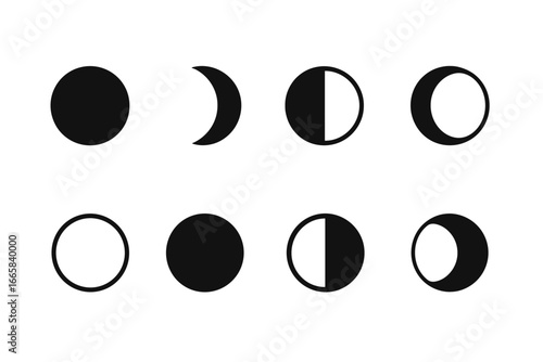 Set of eight simple moon phases illustrations in black and white