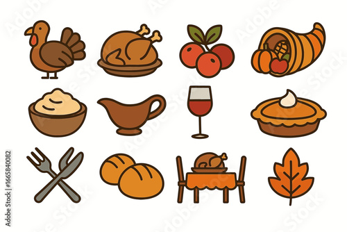 Thanksgiving icons: turkey, pumpkin pie, harvest cornucopia, wine, gravy