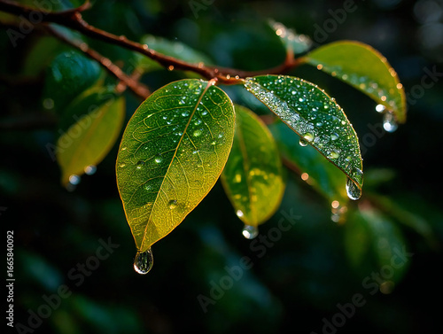 朝露に濡れた葉 自然光に輝く水滴と緑の葉のクローズアップ｜Dew drops on green leaves, morning light, macro, nature, fresh, water, close-up