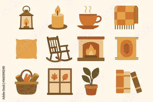 Cozy home elements: lantern, candle, cup, blanket, pillow, rocking chair, fireplace, plant, books