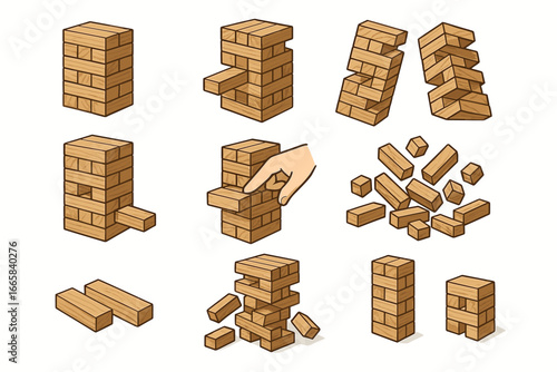 Nine jenga tower stages: building, removing, collapsing blocks