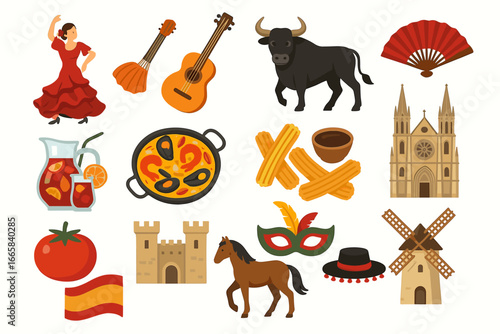 Spanish culture symbols: flamenco, paella, bull, guitar, churros, sangria, architecture