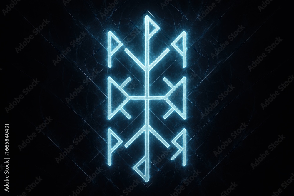 Fototapeta premium Futuristic glowing runic totem in neon blue light, abstract digital symbol with mystical geometry on dark background.