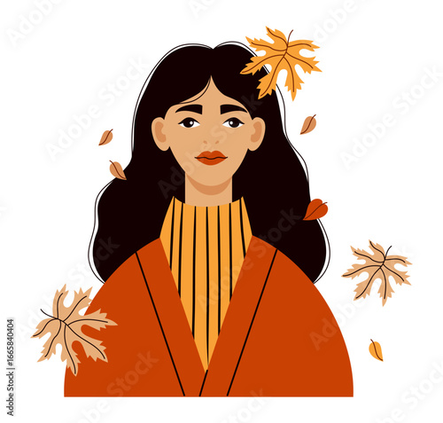 Pretty Woman with Autumn Leaves. Female Autumnal Portrait fair-skinned brunette with long hair. Vector illustration. Not AI.