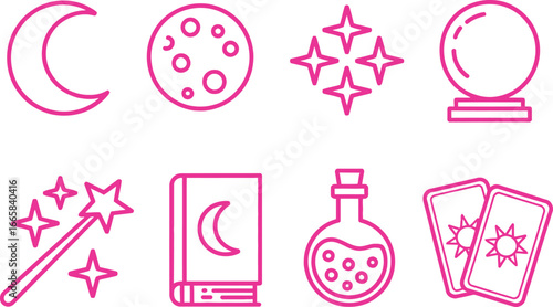 Mystic Pink Icons Set Moon, Planet, Stars, Magic Ball, Wand, Book, Potion, Cards