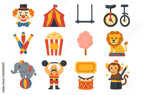 Colorful circus icons: clown, tent, trapeze, unicycle, popcorn, lion, elephant, monkey
