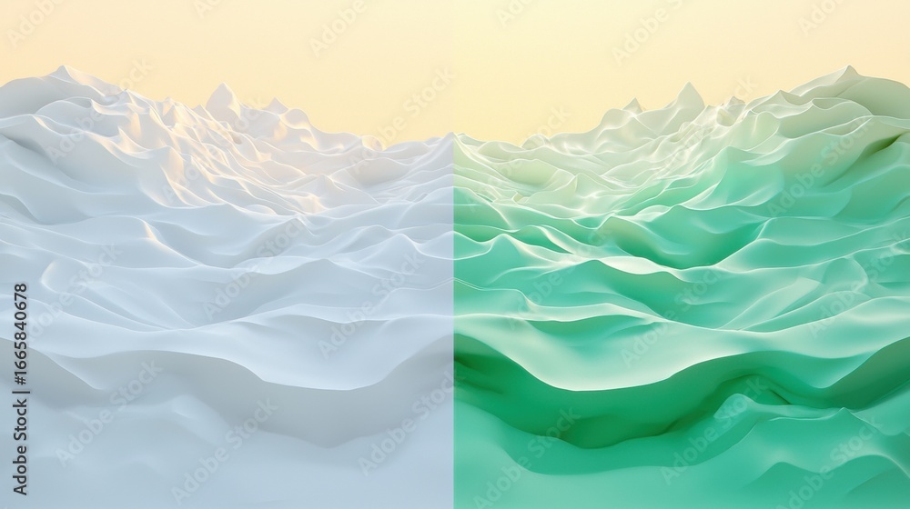 Obraz premium A 3D rendering of a landscape with two distinct color palettes, one white and one green, creating a visually striking contrast.