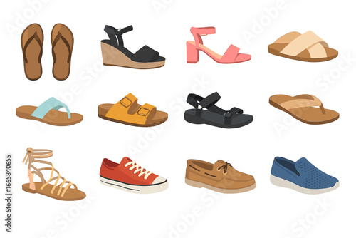 Collection of various casual footwear styles including sandals and sneakers
