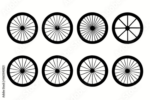 Eight bicycle wheel designs with varying spoke patterns on white background
