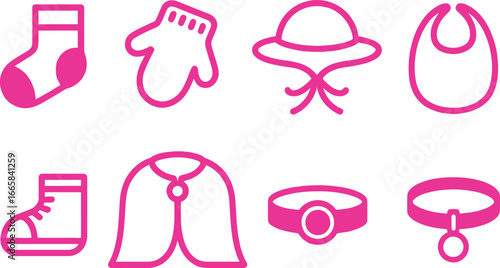 Pink Baby Clothing Icons Collection Sock, Mitten, Bonnet, Bib, Bootie, Dress, Belt