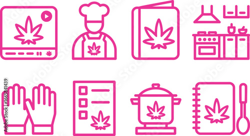 Pink Cannabis Cooking Icons Chef, Recipe Book, Kitchen, Pot, Gloves, and Checklist