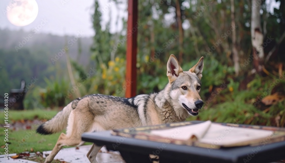 Obraz premium Wolfdog Moonlight Garden Outdoor Play.