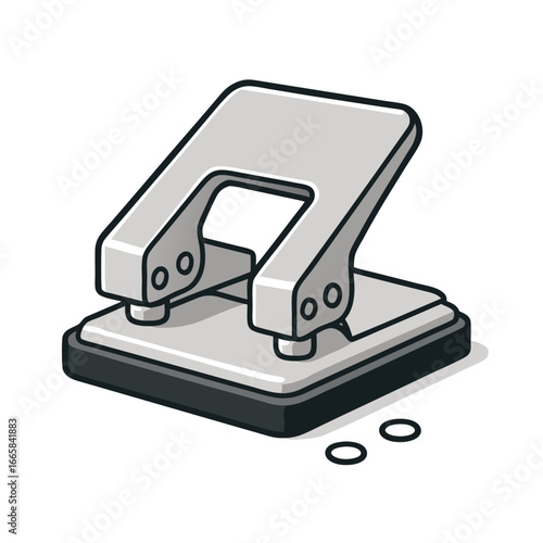 Gray metal office hole punch on white background with two small circles of paper, representing a common office supply item used for binding papers together.