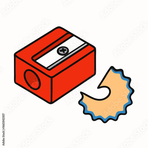 Red pencil sharpener with shavings vector illustration isolated on white background for education and office supplies
