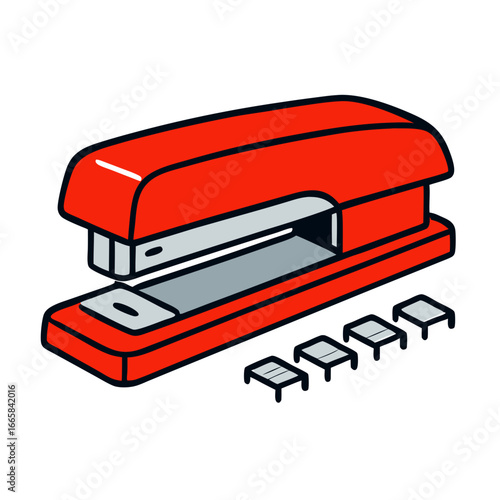 Red office stapler with metal staples on white background for business supplies