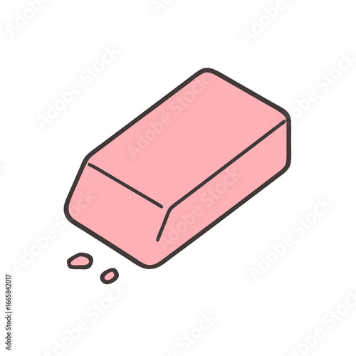 Pink soap bar with black outline and two small soap chips falling off, minimalist illustration style