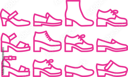 Pink Footwear Collection Icons on White Background. Shoes & Boots Outline Design