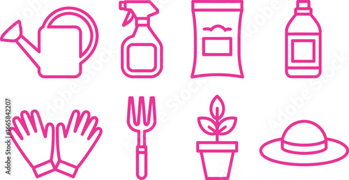 Pink Gardening Tools Icons Watering Can, Gloves, Rake, Plant, Spray on White