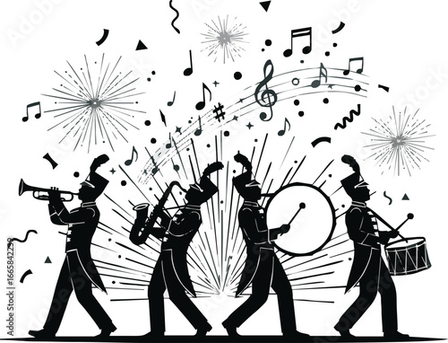 Silhouette of a marching band performing with musical notes and fireworks, creating a festive celebratory atmosphere.