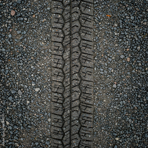 Tire tread impression on gravel ground. Tire pattern with surrounding gravel texture. A generic outdoor, general purpose image.